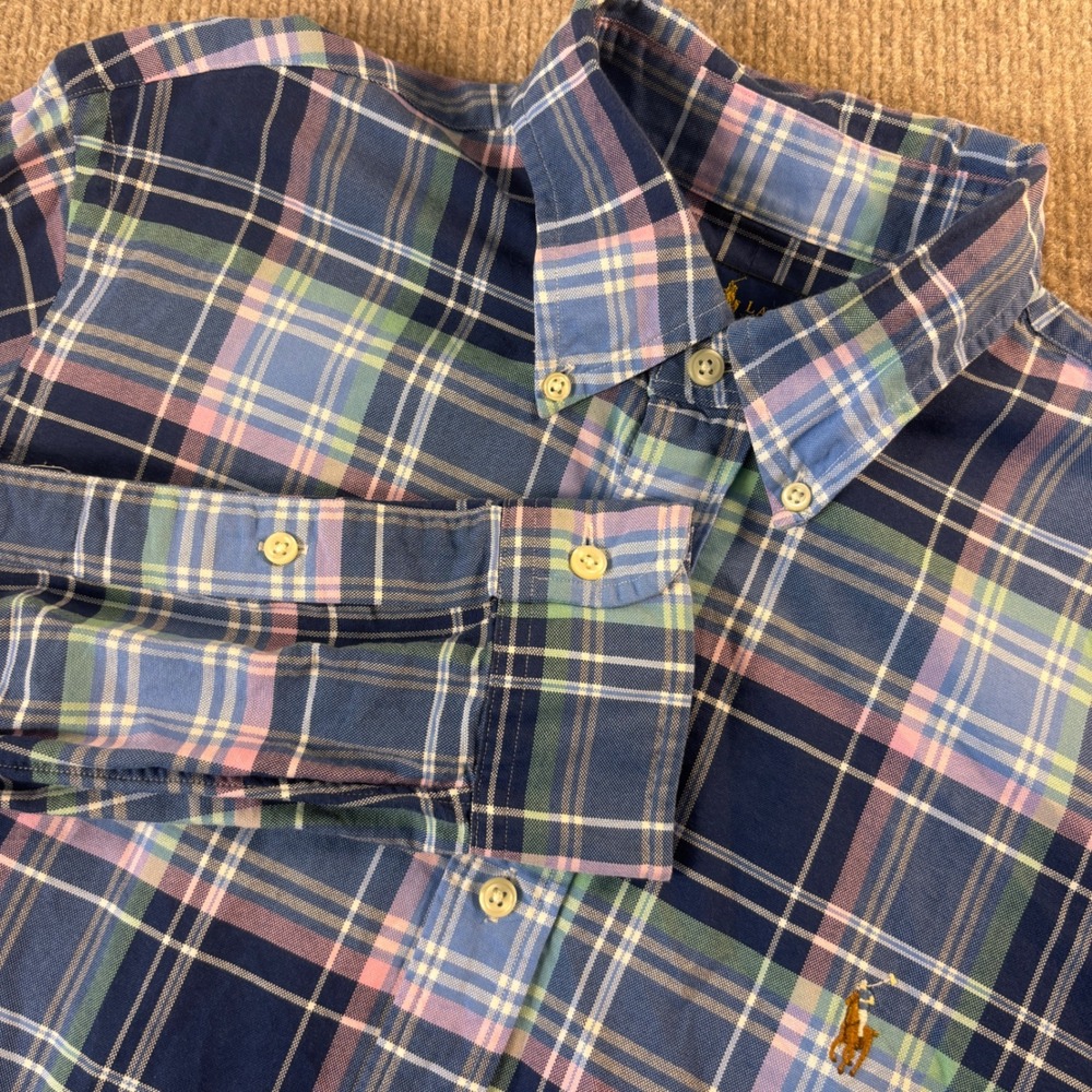 Ralph Lauren Mens Plaid Oxford Button Down Shirt Blue Pink Green Medium